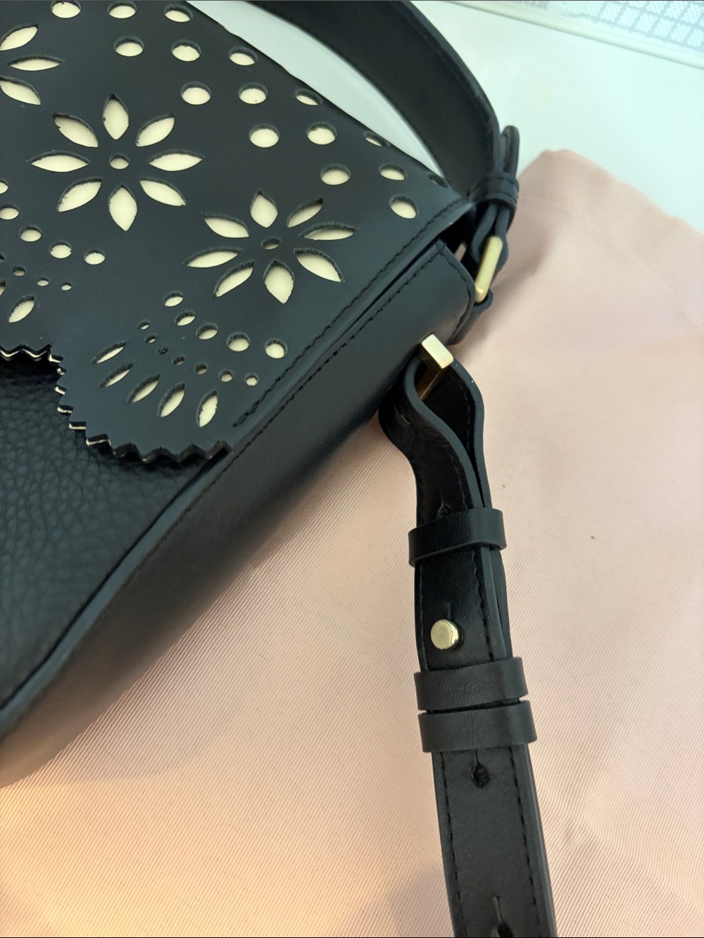 RADLEY LONDON Black Leather Crossbody with Cream Floral Cutouts and Gold Lock - Picture 15 of 16